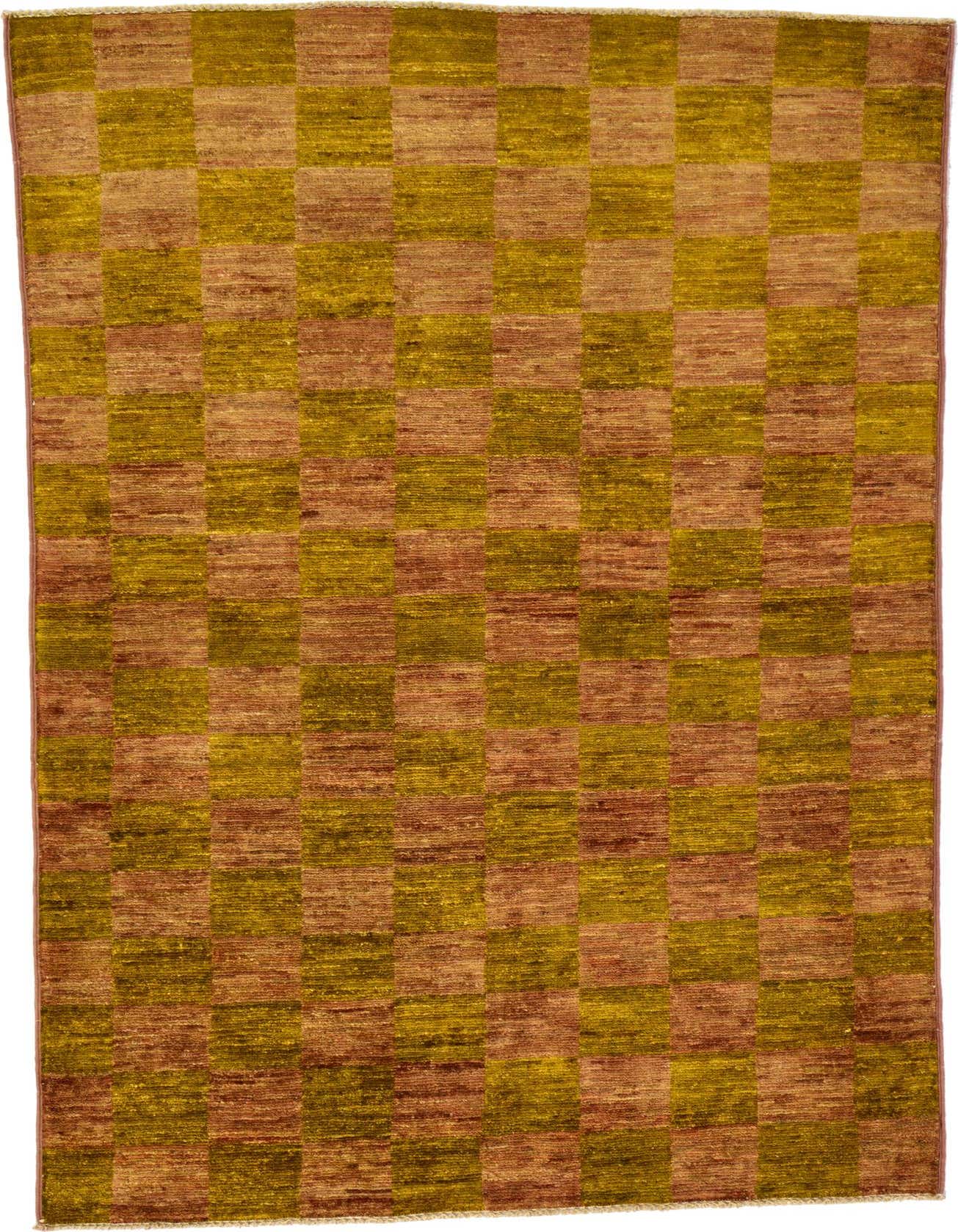 A 3x5 rectangular Modern Ziegler rug featuring a checkerboard pattern in varied shades of green and brown, suitable for an entryway.