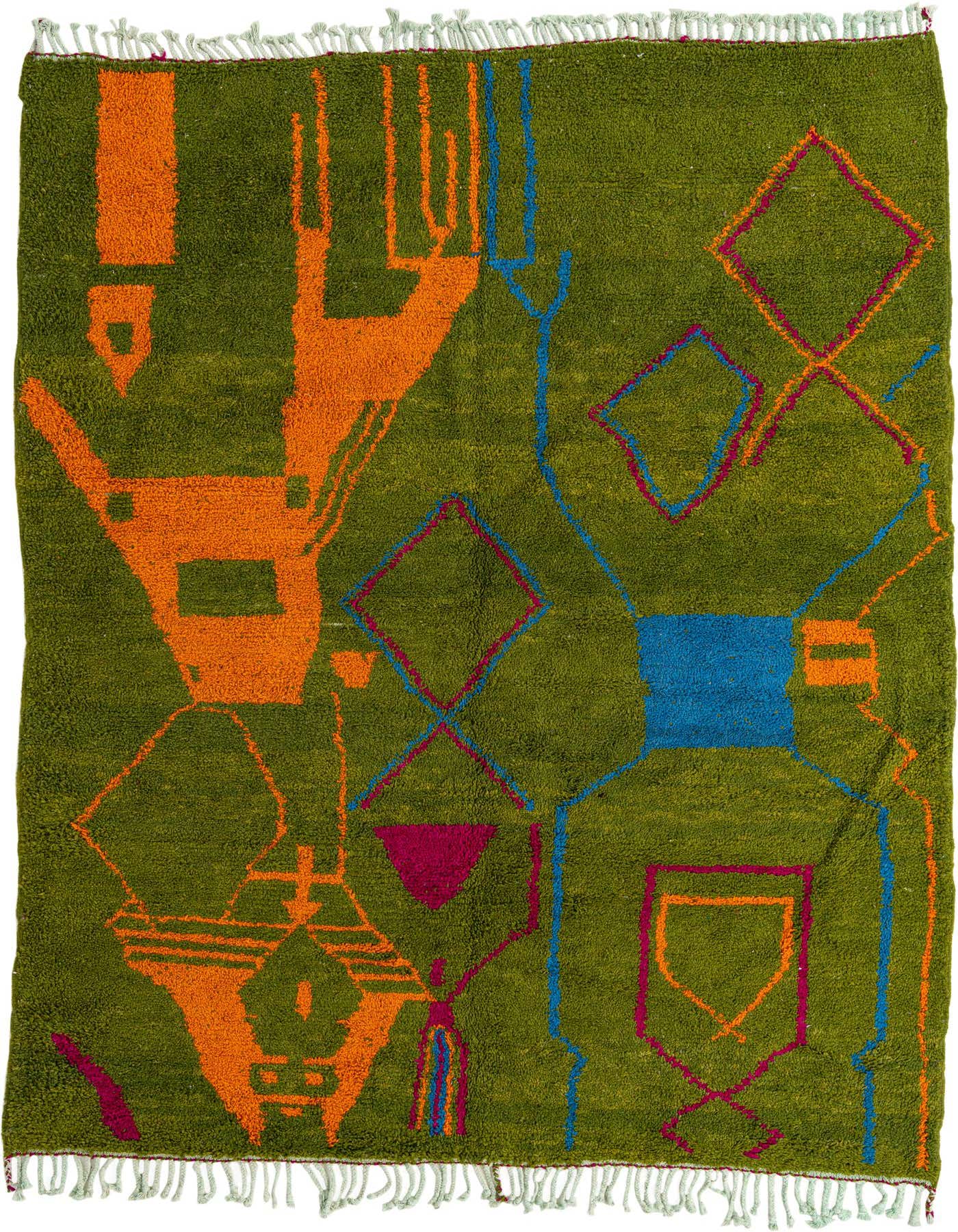 A 7x10 rectangular green shag rug with bold orange, blue, and magenta abstract tribal patterns, featuring geometric shapes and lines.