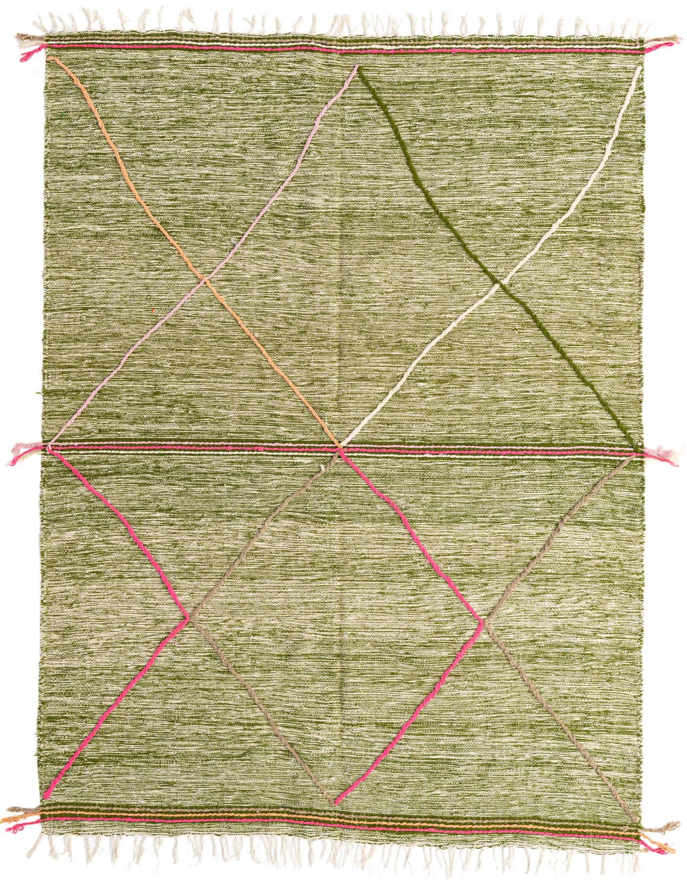 A 6x9 rectangular green shag rug with a modern tribal pattern of pink, orange, and white lines forming diamonds.