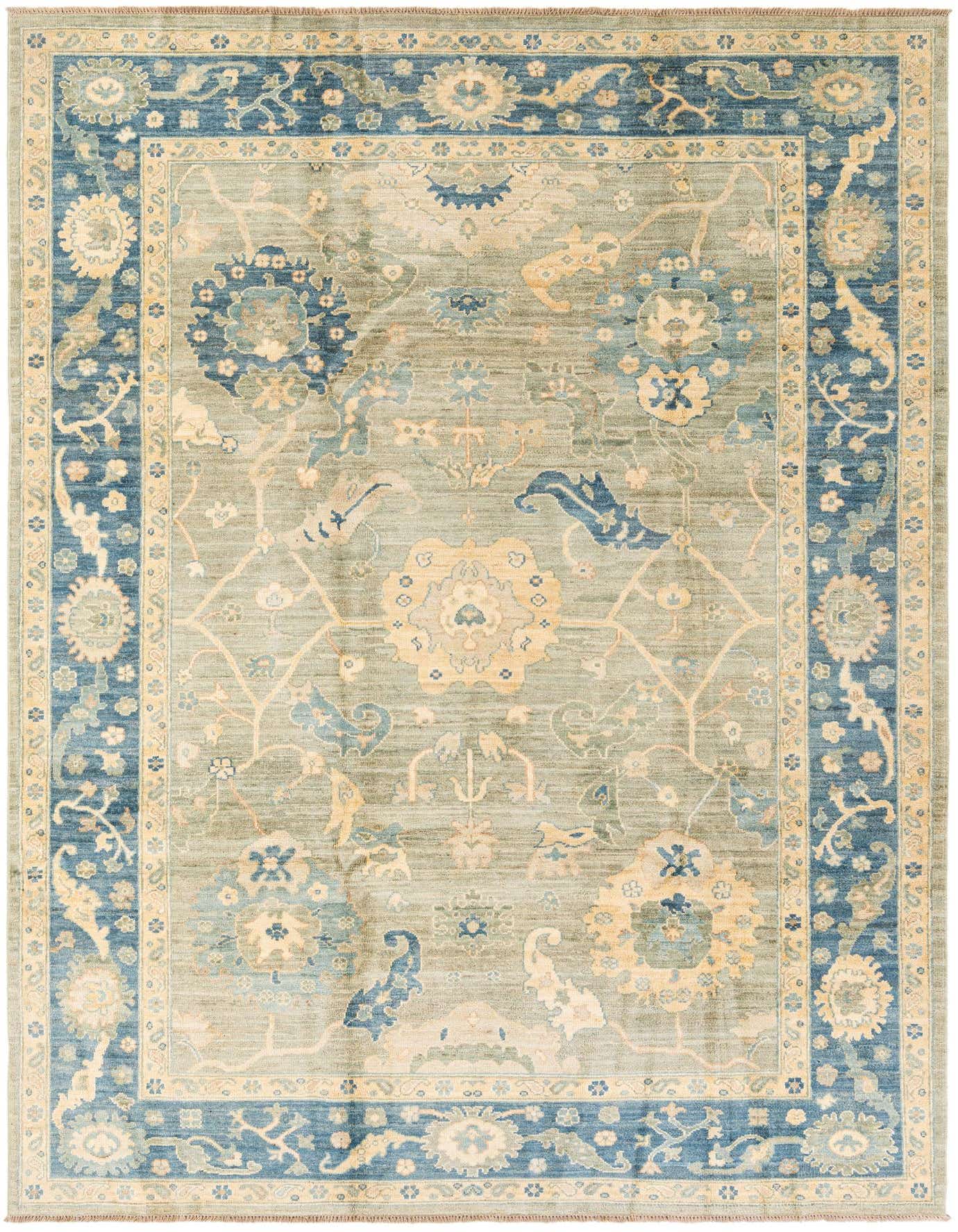 A 7x10 rectangular Oushak rug in shades of green with an elaborate blue and gold oriental pattern.
