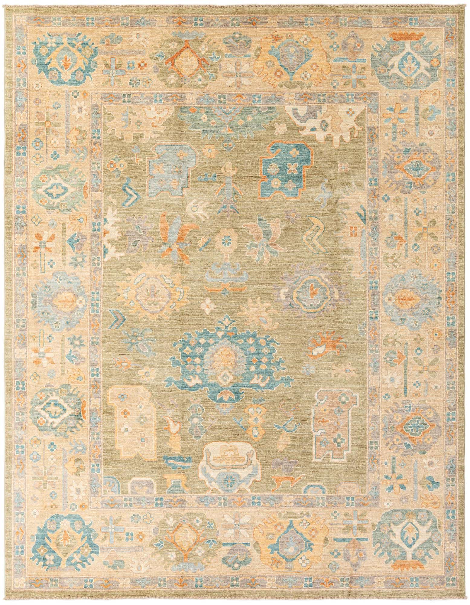 An 8x10 rectangular Oushak rug with a sage green field and a beige border, featuring modern floral patterns in teal, orange, and light blue.