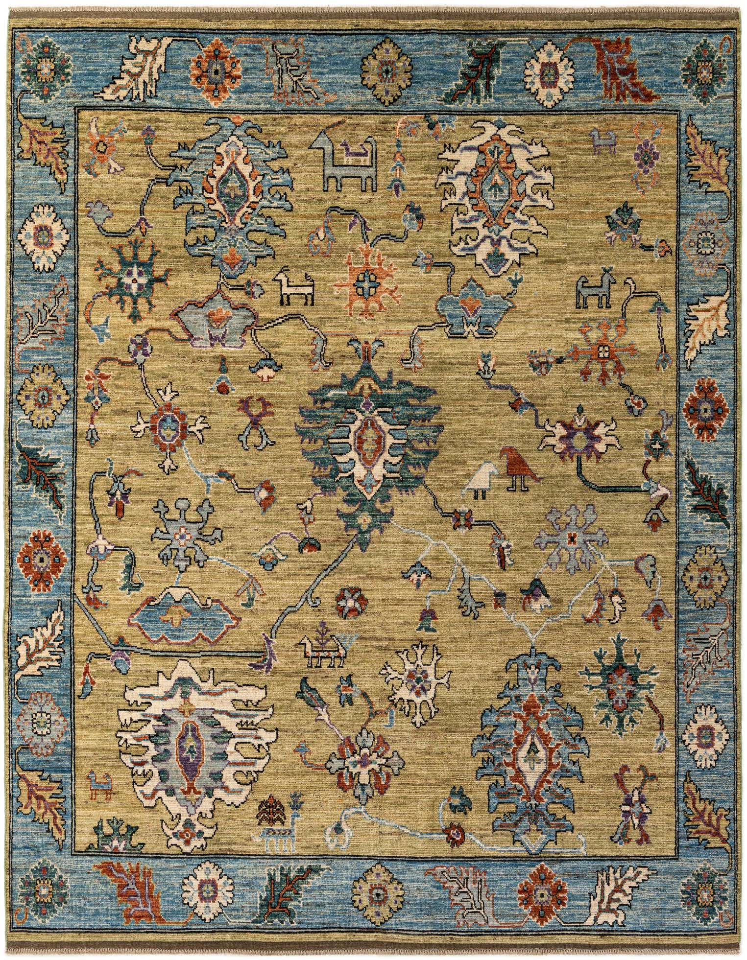 A 9x12 rectangular Oushak rug with a green field and a light blue border, featuring intricate floral and animal motifs in various colors.