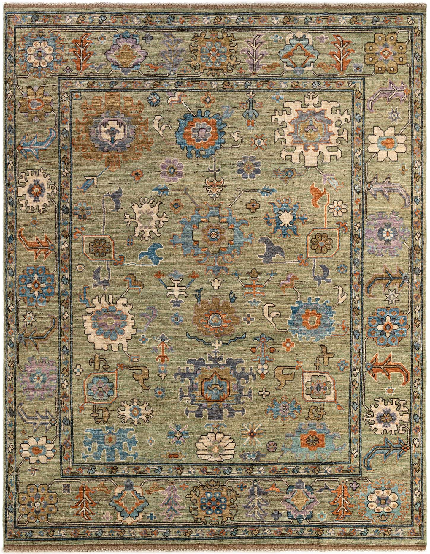 A 10x14 rectangular green Oushak rug with a modern floral pattern in blues, oranges, purples, and creams.