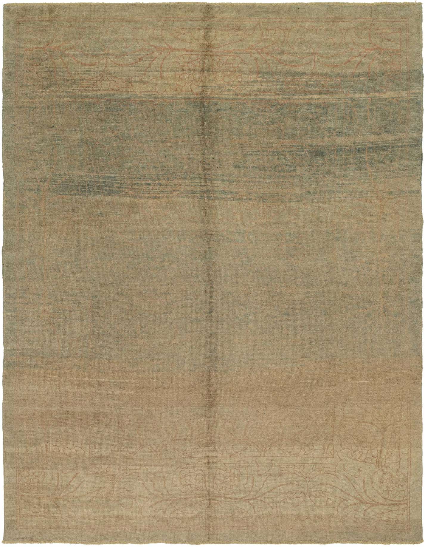 A large 10x16 rectangular Oushak wool rug in shades of green with subtle tribal and abstract patterns.