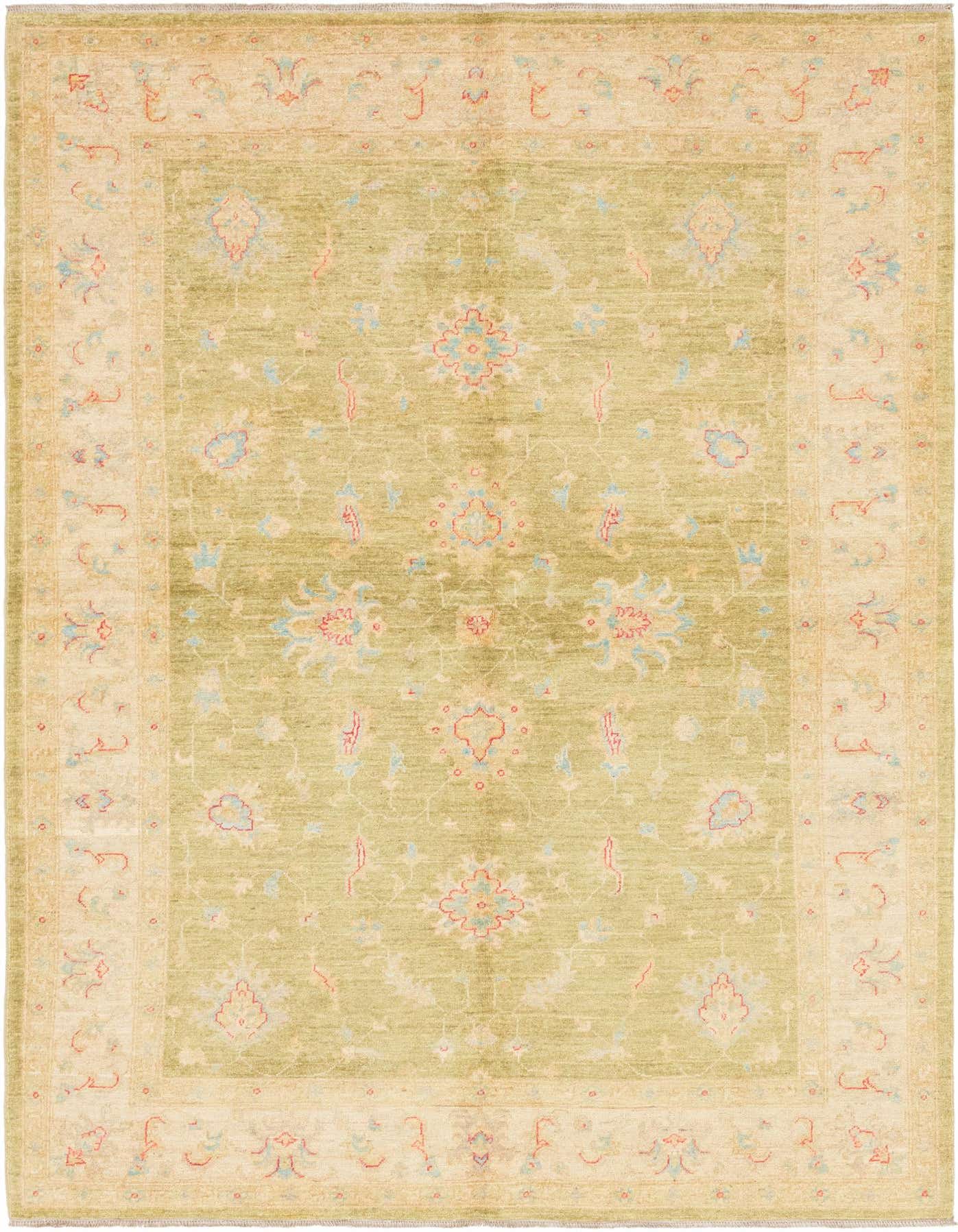 A 6x9 rectangular Peshawar Ziegler rug with a green field and a light beige border, featuring traditional floral patterns in blue and coral.