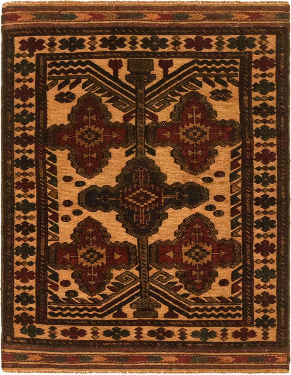 A 3x4 rectangular Sumak rug with a traditional tribal pattern in greens, reds, and browns on a light tan background.