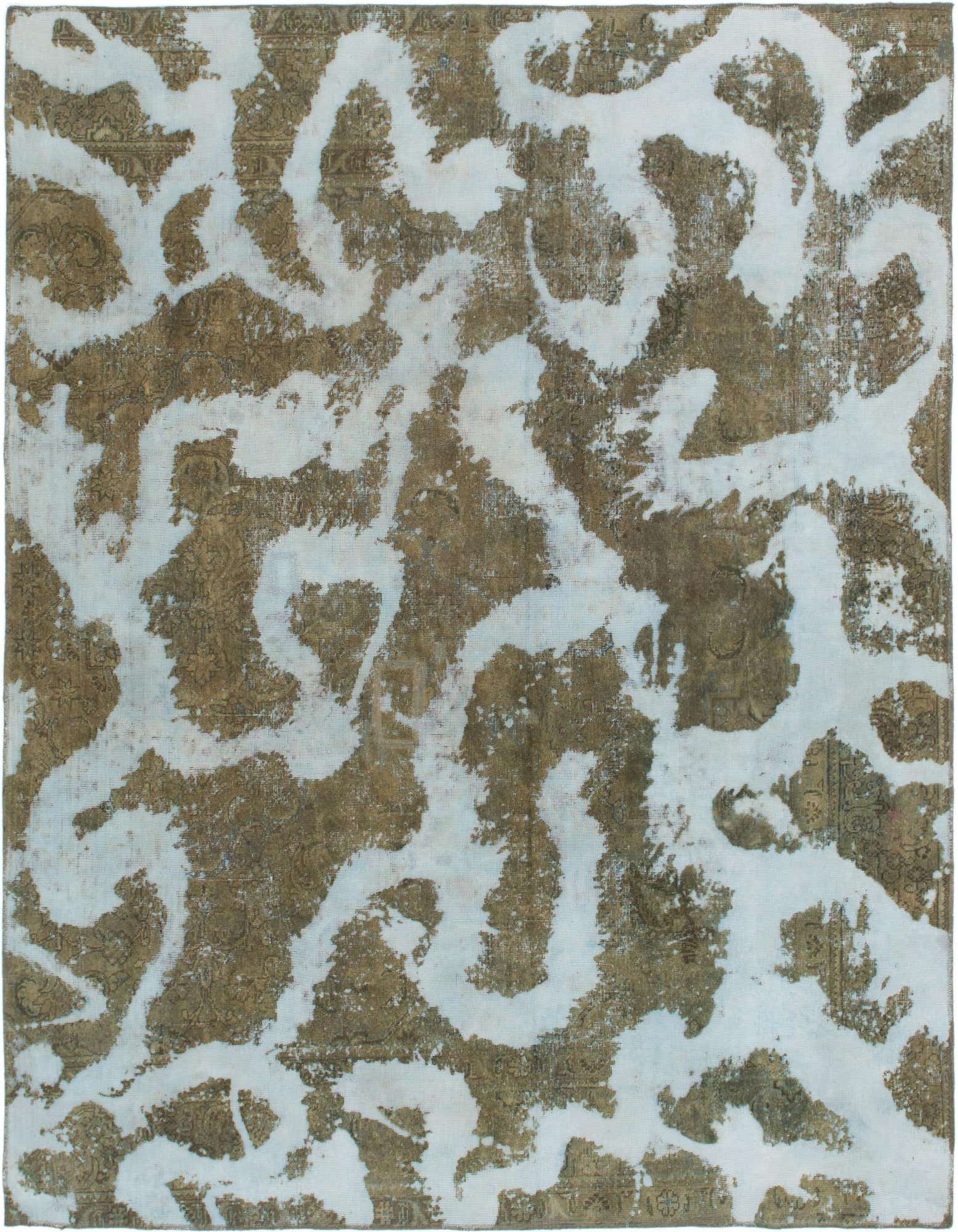 A 7x10 rectangular Ultra Vintage rug featuring an abstract pattern of white swirls over a distressed green Persian design.