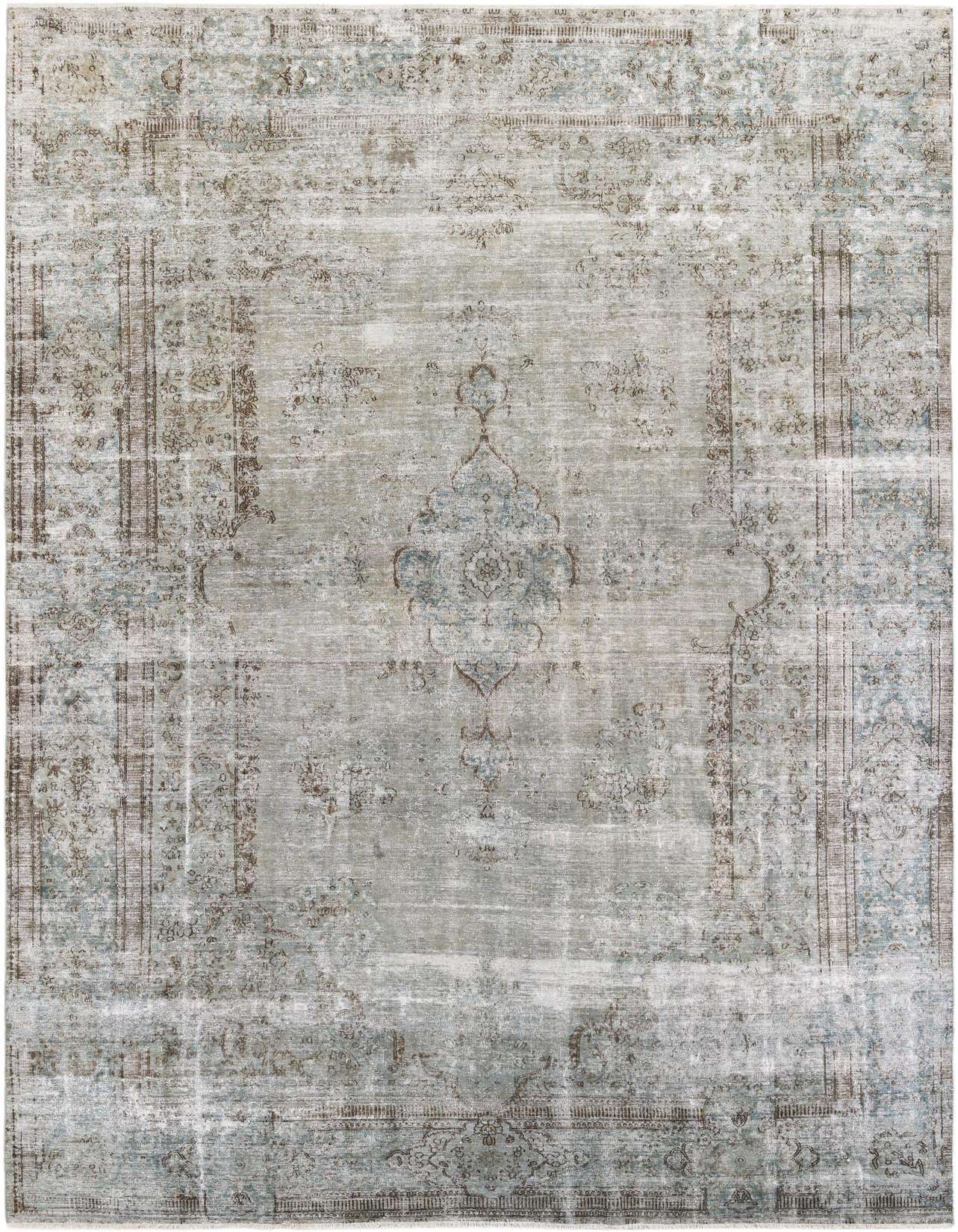 A 9x12 rectangular Ultra Vintage rug in shades of green with a faded Persian medallion pattern, suitable for a living room.