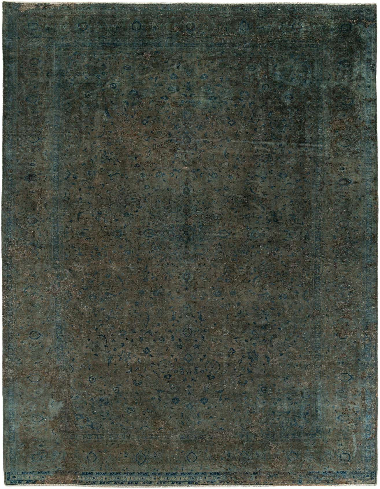 A large 10x13 rectangular green Persian rug with a faded vintage medallion pattern and intricate border.