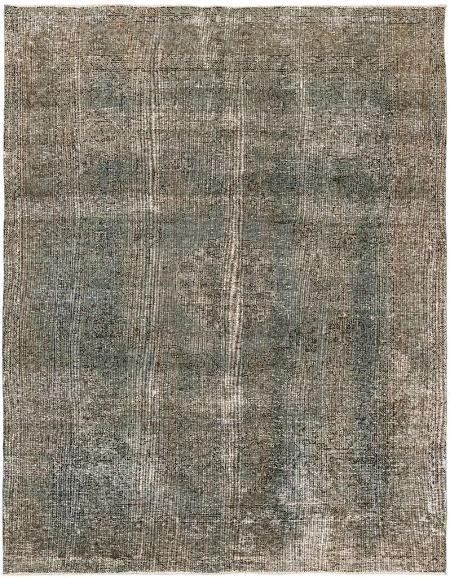 An 8x11 rectangular Ultra Vintage wool rug in shades of green with a faded Persian medallion pattern.