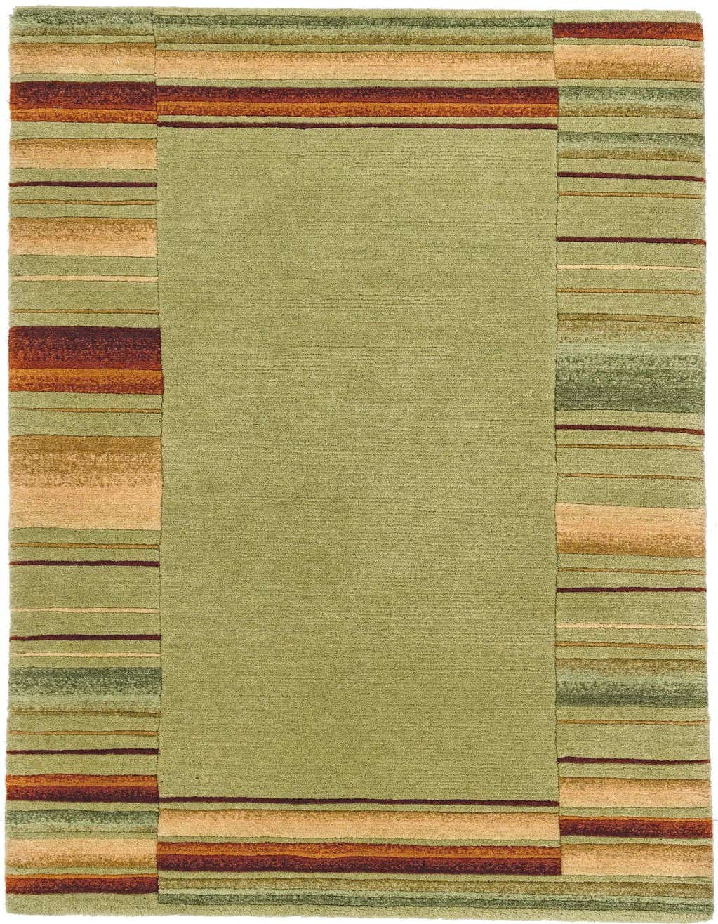 A 5 ft runner rug with a solid green center and striped borders in varying shades of green, brown, and tan.