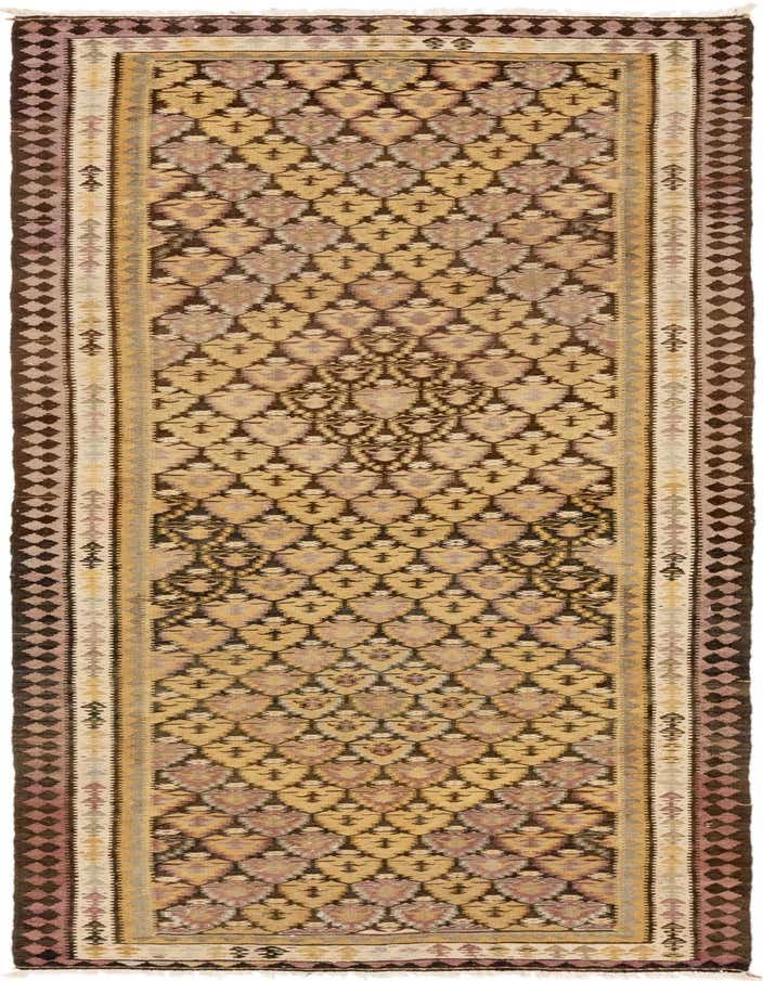 A 10 Ft Kilim Fars runner rug in green, brown, and cream with traditional tribal patterns, ideal for a hallway.