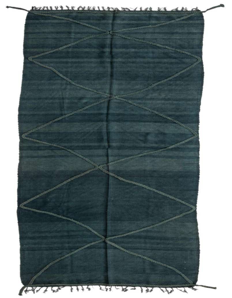 A long, narrow 11 ft green runner rug with horizontal stripes and a raised diamond pattern, ideal for a hallway.