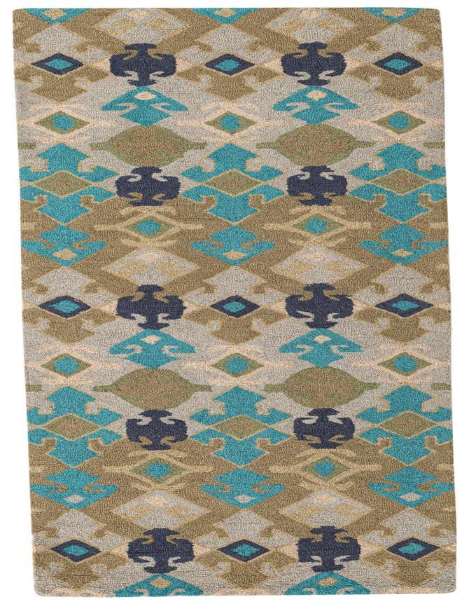 A Luna 8 ft runner rug with a high pile, featuring an abstract pattern in shades of green, blue, and brown.