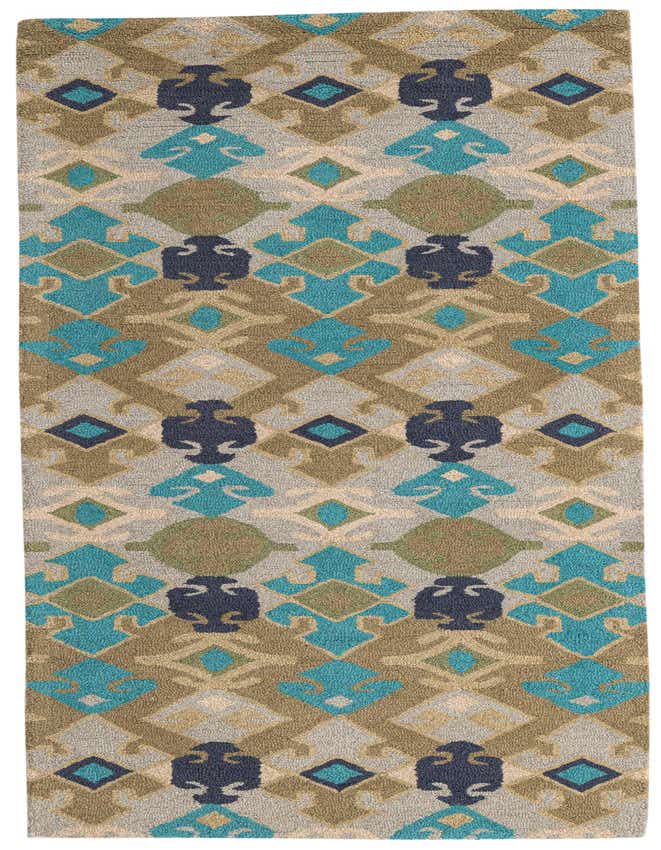 A Luna 8 ft runner rug with a modern abstract pattern in shades of green, blue, and tan, ideal for a hallway.