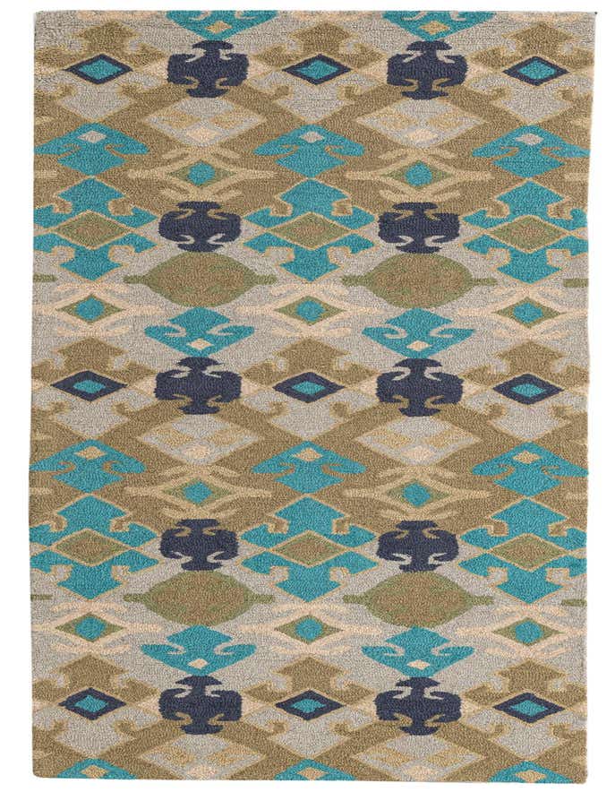 A Luna 8 ft runner rug with a modern abstract pattern in shades of green, blue, and brown.