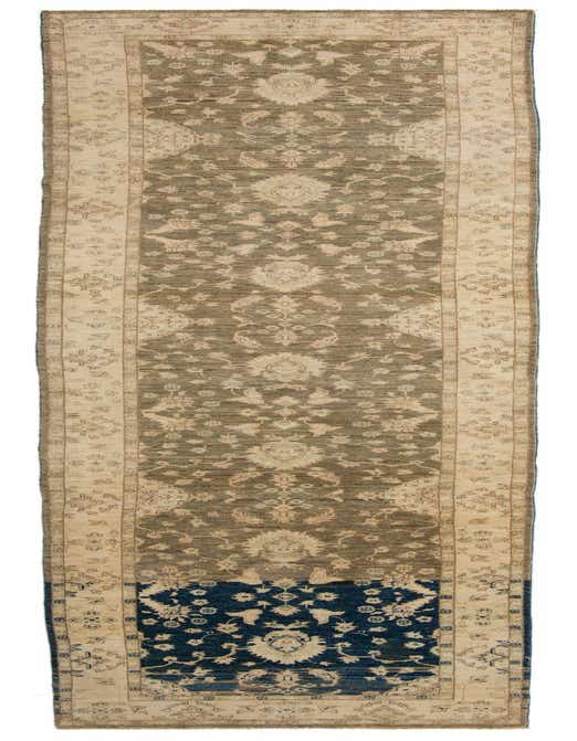 A 14 ft runner rug in green and cream with an intricate Oriental floral pattern, ideal for a hallway.
