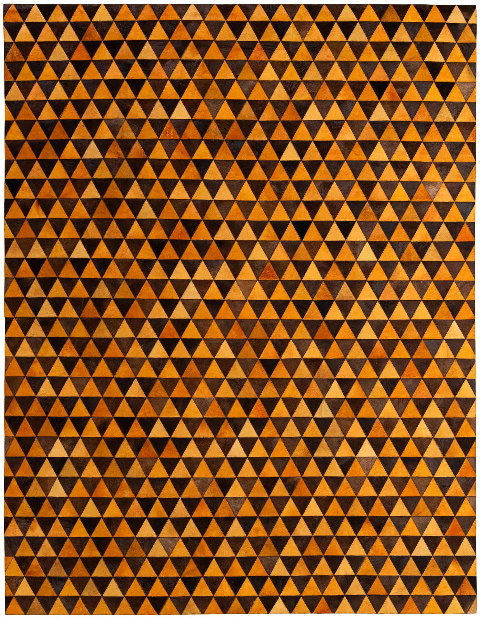 An 8x10 rectangular rug featuring a modern geometric pattern of alternating orange and brown cowhide triangles.