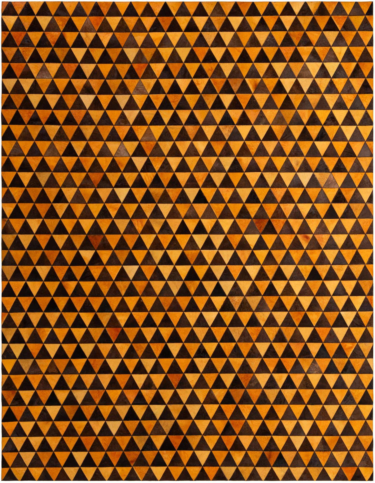 A rectangular 8x10 Cowhide Patchwork rug featuring a modern geometric pattern of alternating orange and brown triangles.