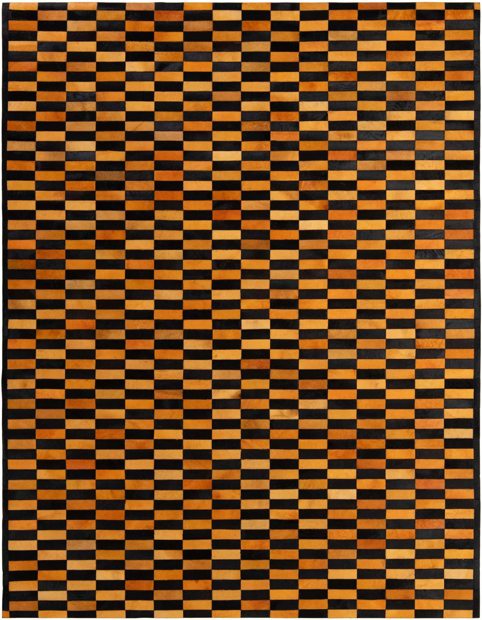 A rectangular 8x10 Cowhide Patchwork rug featuring a modern stripe pattern in alternating orange and brown squares.