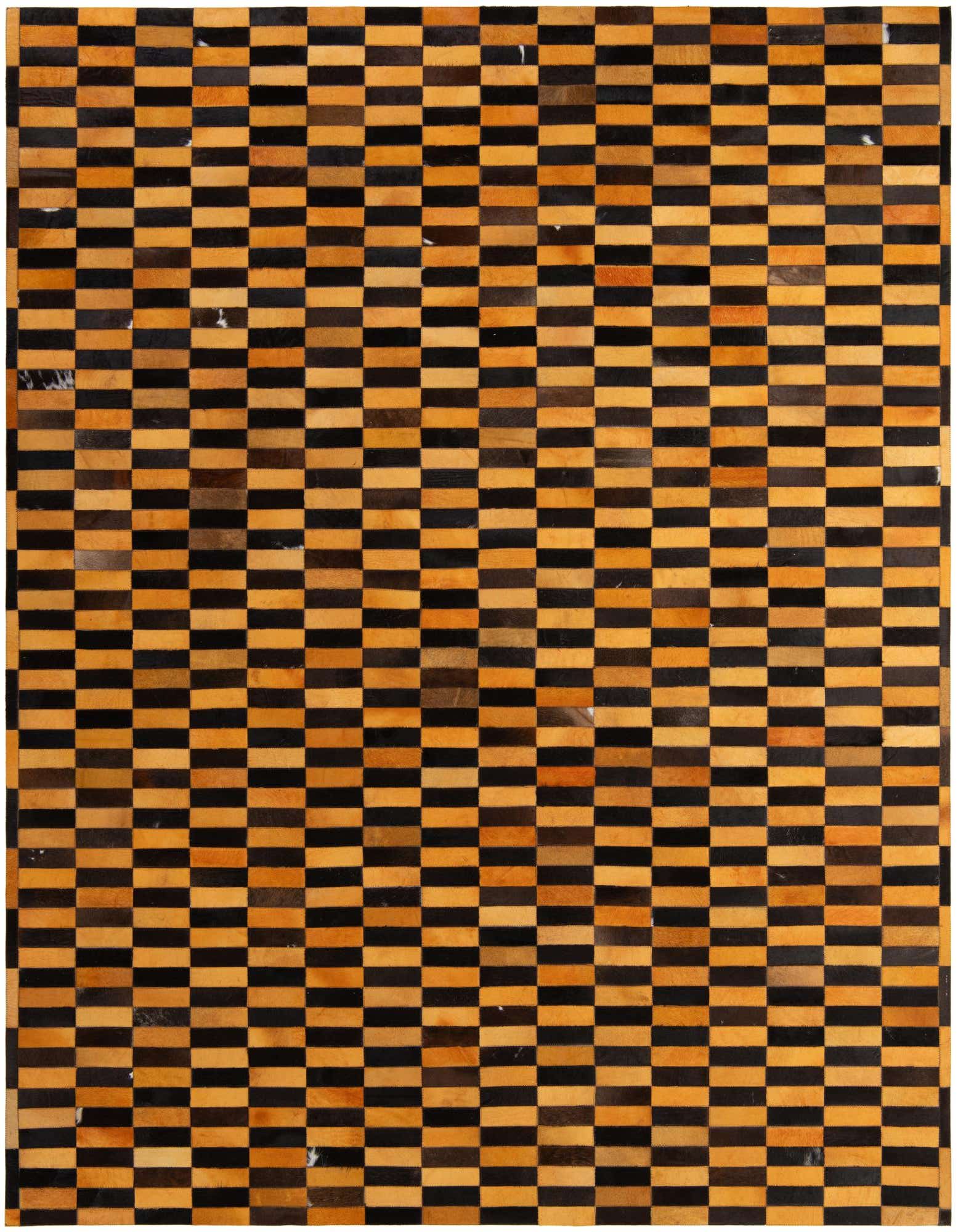 An 8x10 rectangular Cowhide - Patchwork rug featuring a modern stripe pattern in alternating orange and brown tones.