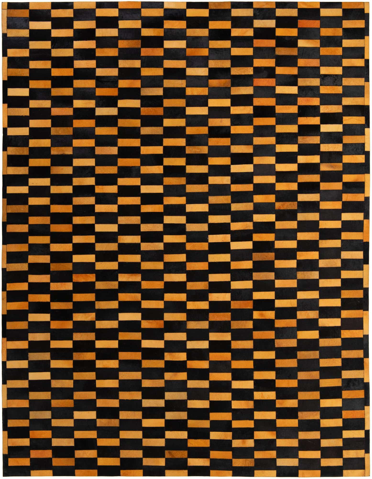 An 8x10 rectangular rug with a modern checkerboard pattern of alternating orange and dark brown cowhide patches.