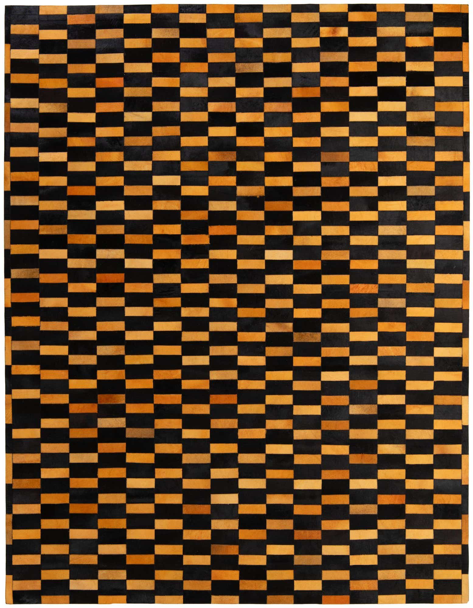 An 8x10 rectangular Cowhide Patchwork rug featuring a modern stripe pattern in alternating orange and brown rectangles.