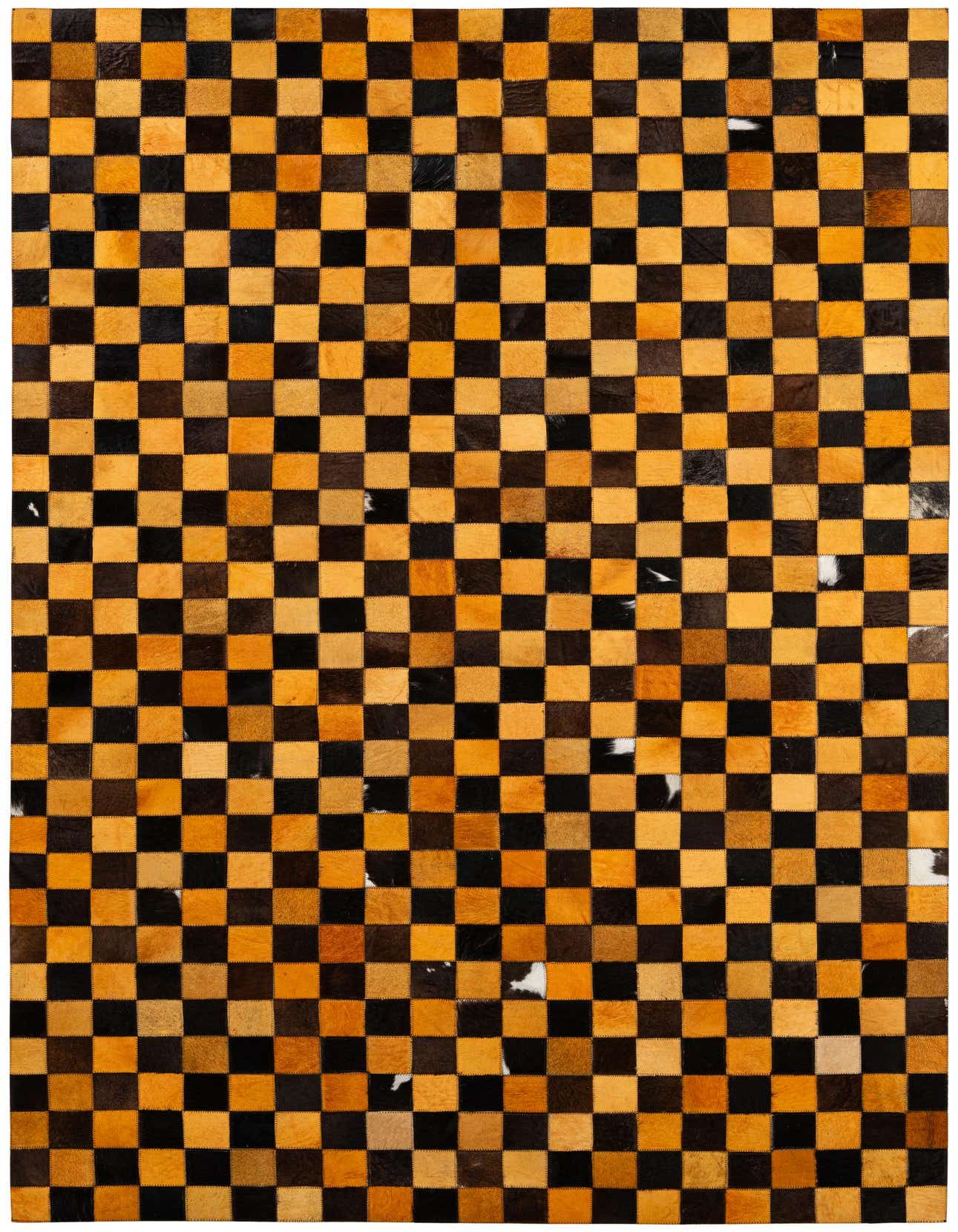 A 5x8 rectangular Cowhide Patchwork rug featuring a modern checkerboard pattern in varying shades of orange and brown.