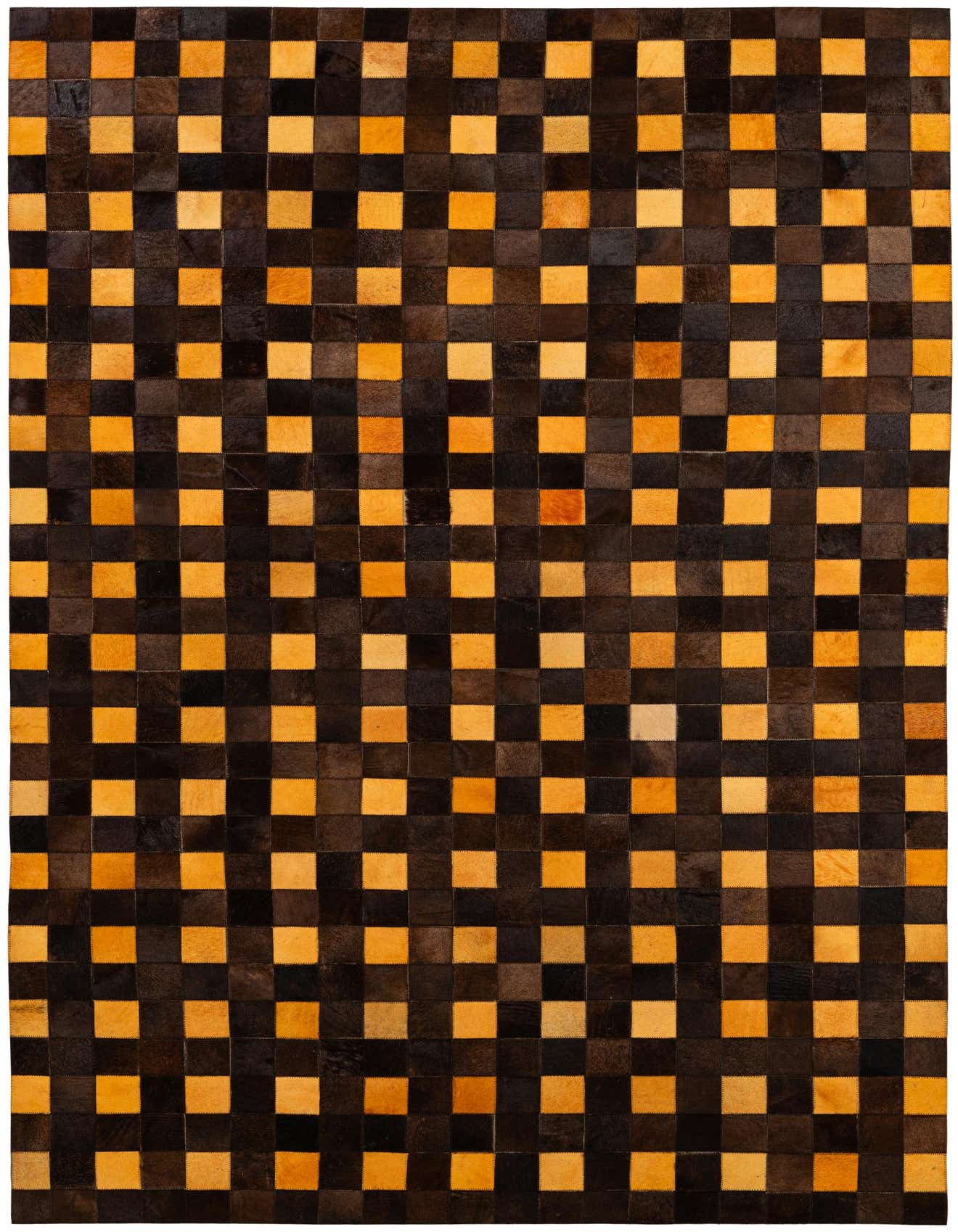 A 5x8 rectangular modern cowhide rug with an orange and brown checkerboard pattern, suitable for a living room or bedroom.