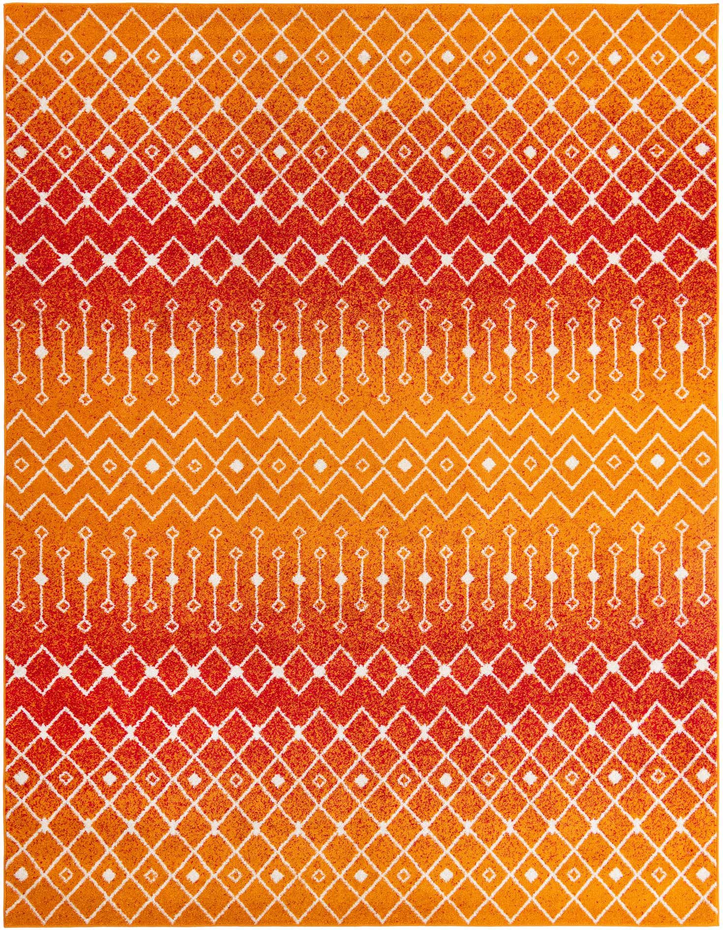 A 10x14 rectangular orange and red bohemian rug with a modern tribal trellis pattern, ideal for indoor spaces.