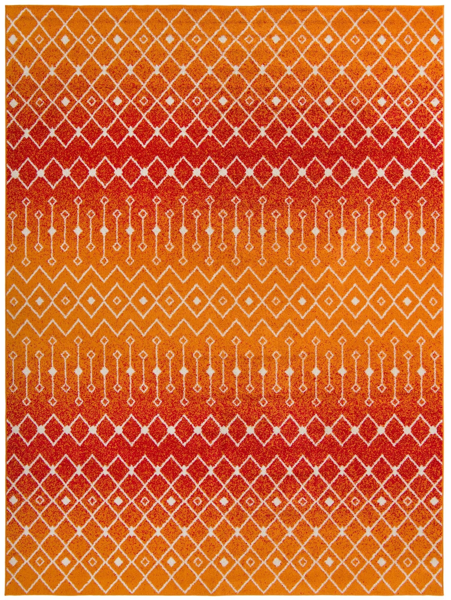 A 10x13 rectangular Moroccan Trellis rug in a vibrant orange and red gradient, featuring white geometric patterns.