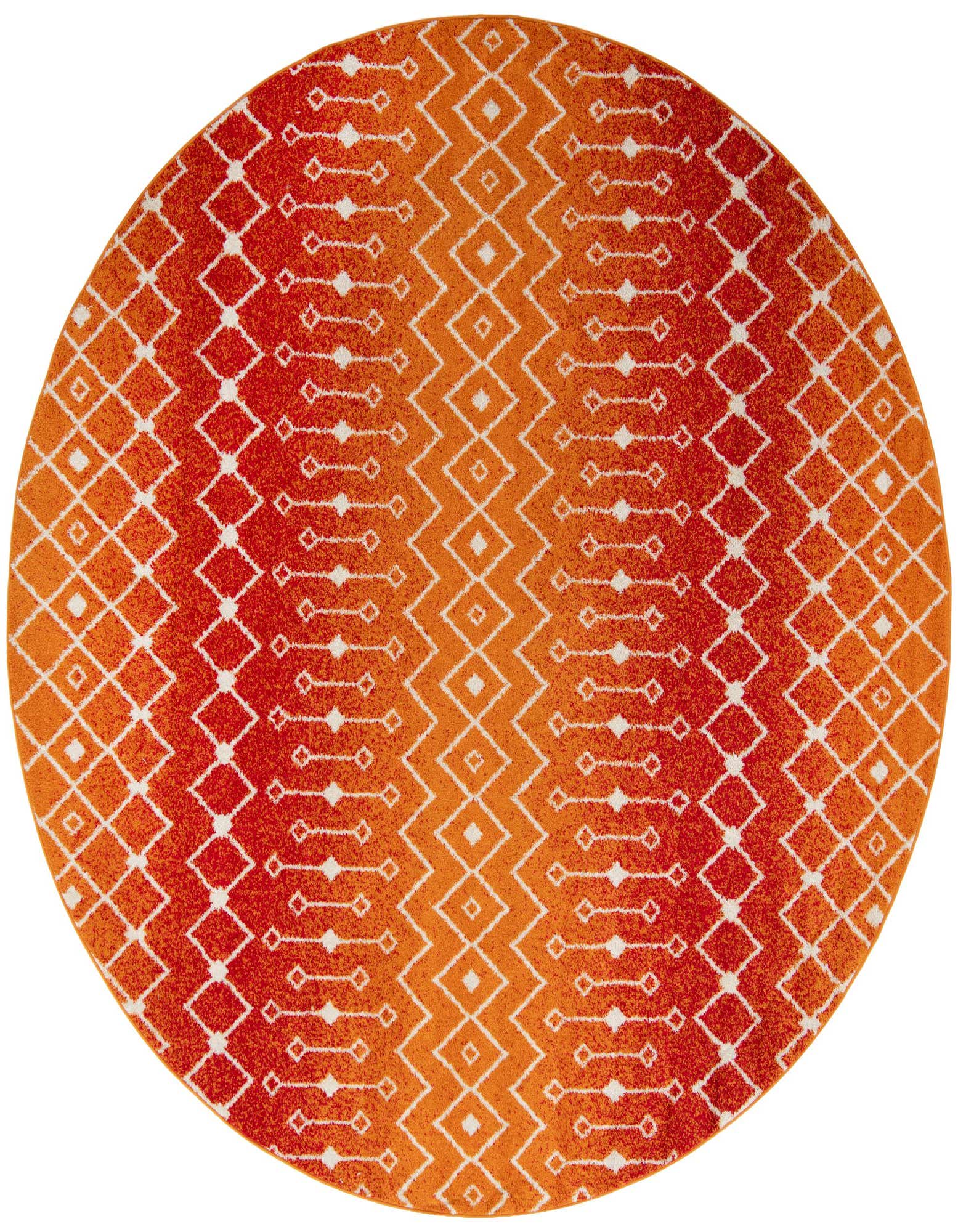 A 10-foot round orange and red ombre rug with a white tribal trellis pattern, perfect for an indoor living space.