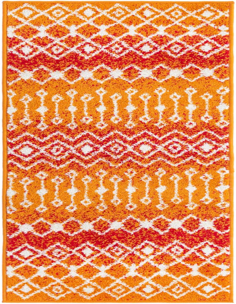 A 5 ft runner rug in vibrant orange and red with a white bohemian tribal trellis pattern, ideal for a hallway.