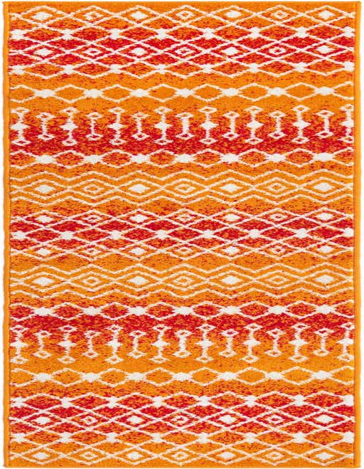A vibrant 8 ft runner rug featuring a bohemian tribal trellis pattern in shades of orange, red, and white, ideal for a hallway or kitchen.