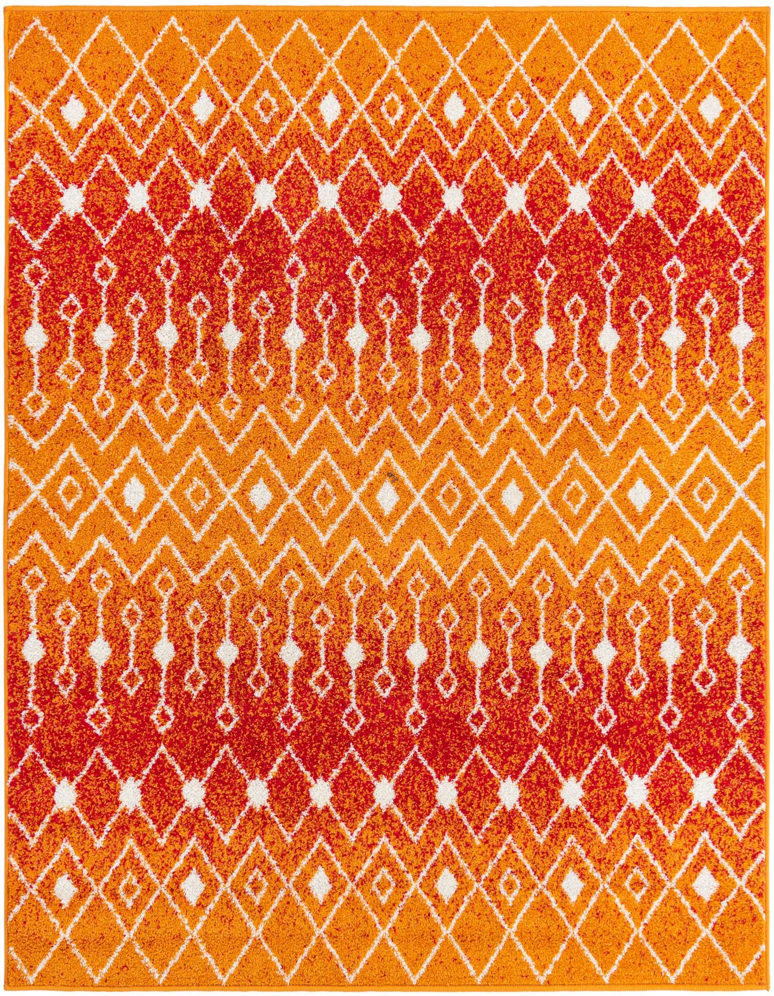 A square 6' x 6' orange and red Bohemian rug with a white tribal trellis pattern, perfect for adding a pop of color to any indoor space.