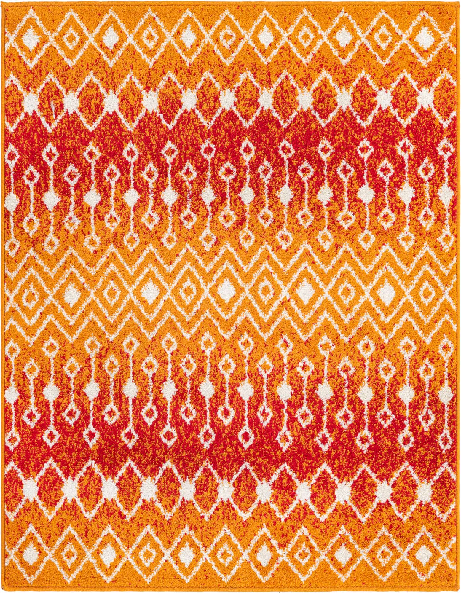 A 4'x4' square orange and red Bohemian rug with a distressed tribal trellis pattern, ideal for indoor spaces.