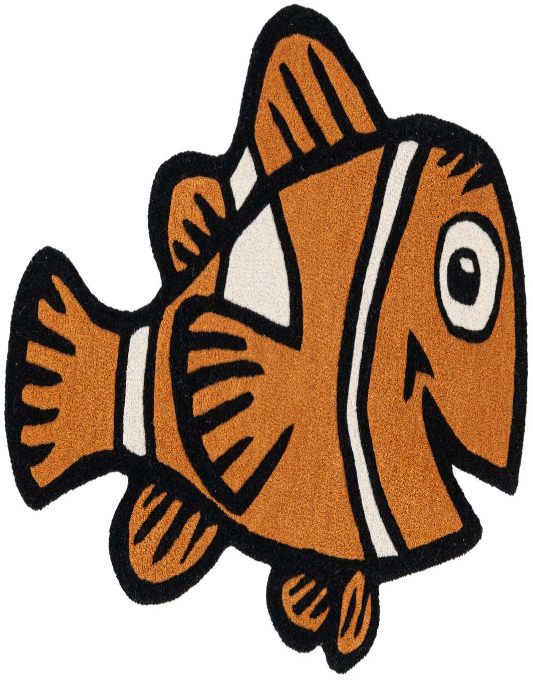 A playful orange, white, and black freeform rug shaped like a smiling clownfish, perfect for a child's room.