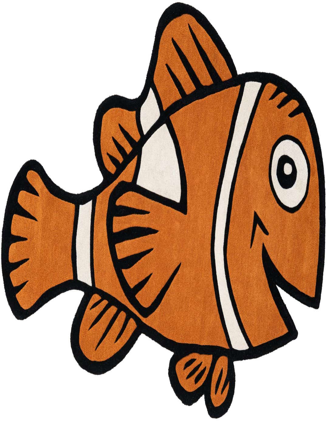 A playful orange and white freeform clownfish rug with black outlines, perfect for a child's room.