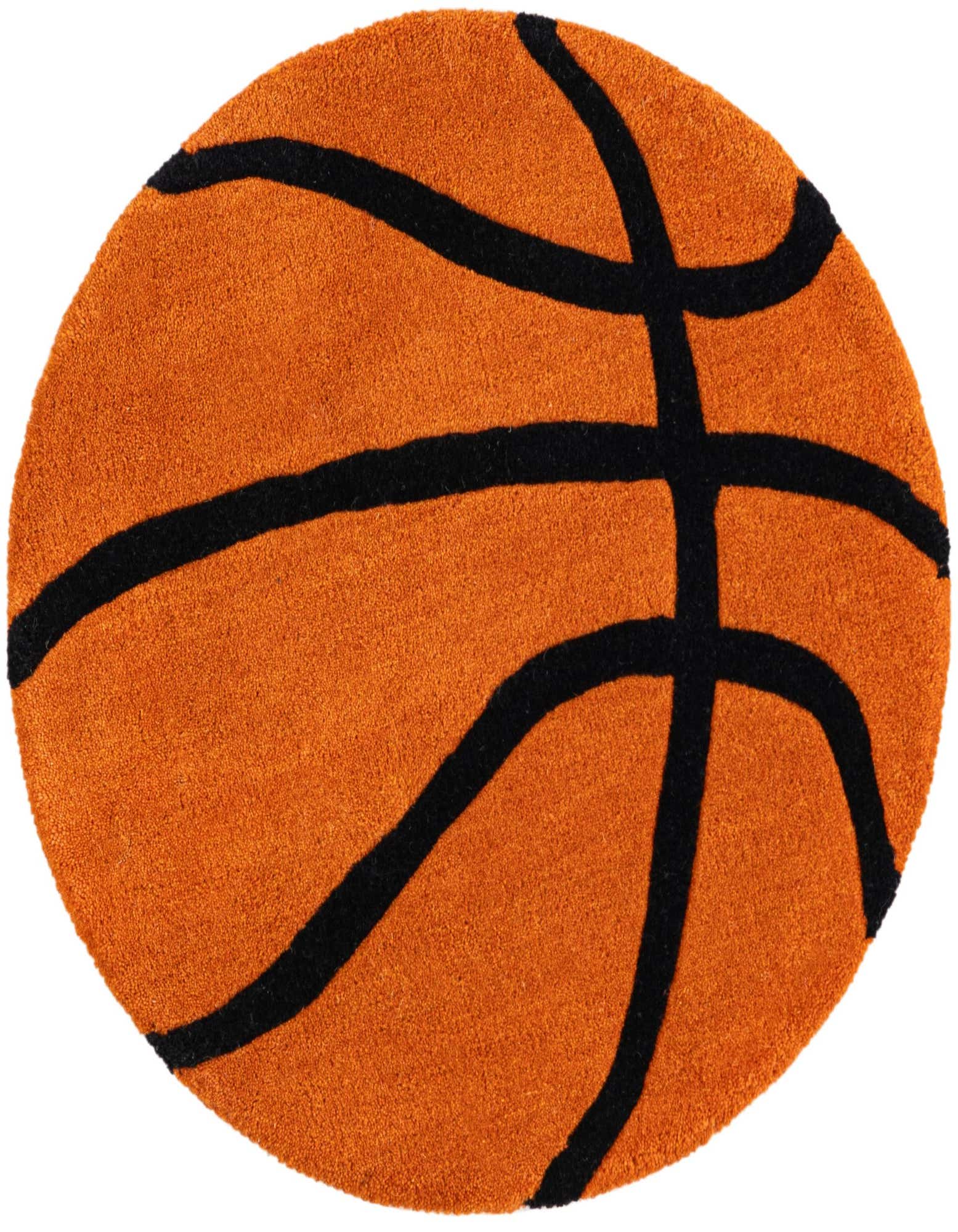 A vibrant orange round rug with thick black lines mimicking a basketball, perfect for a child's room.