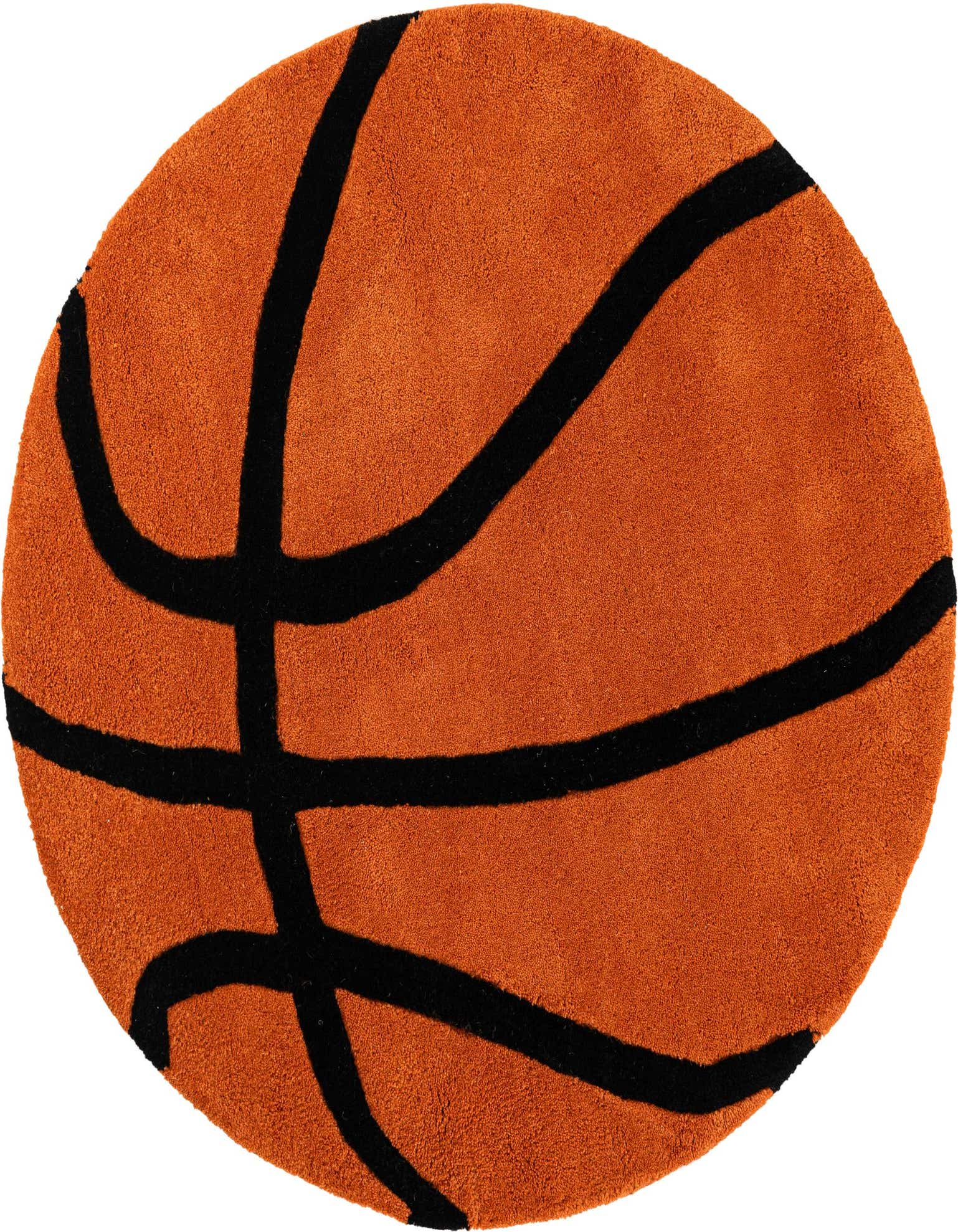 A circular, high-pile orange rug with thick black lines, designed to resemble a basketball, perfect for a child's room.