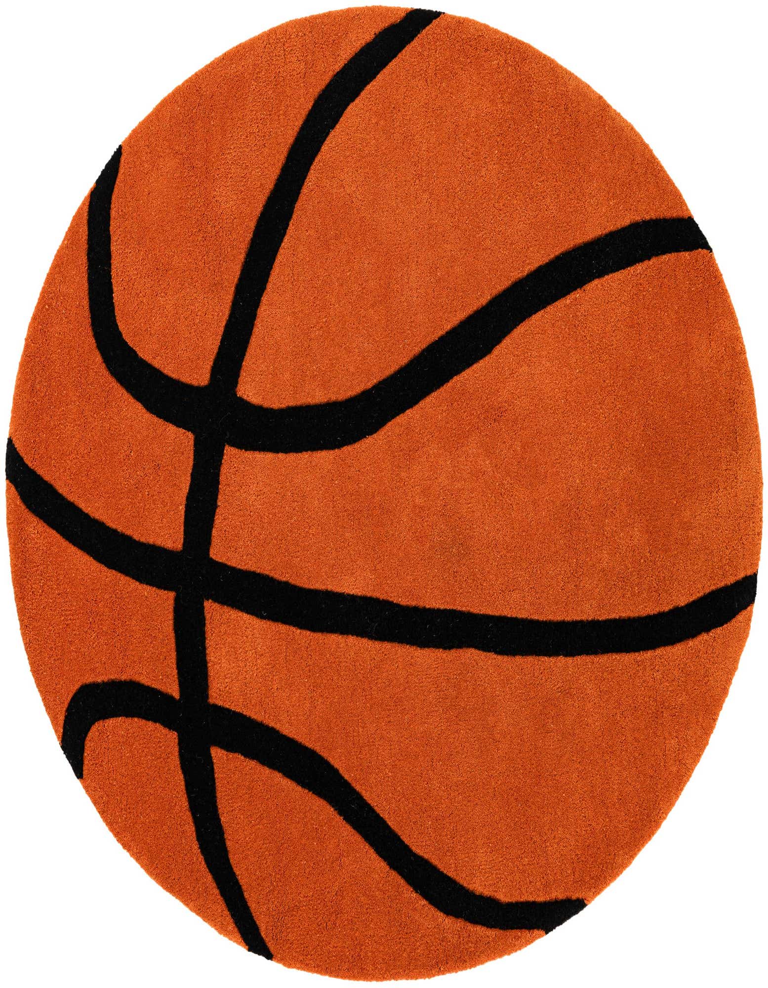 A round, orange area rug shaped and patterned like a basketball, with thick black lines, on a white background.