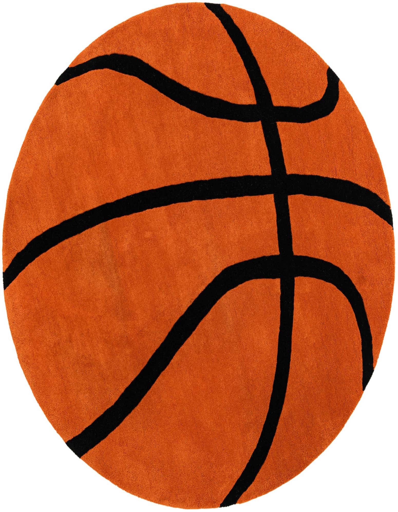 A 6' 1 x 6' 1 freeform orange and black rug designed to look like a basketball, perfect for a child's room.
