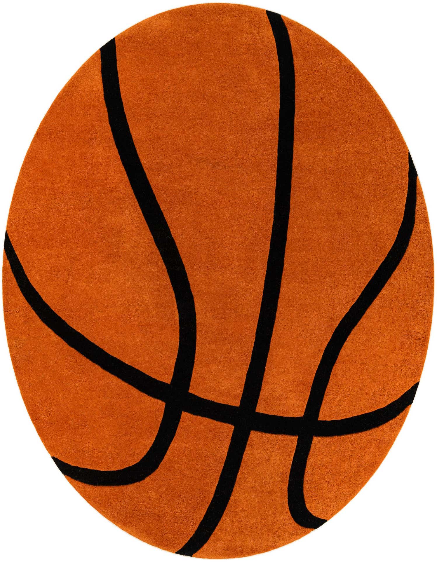 A round, orange and black basketball-shaped rug with a high pile, perfect for a child's room.
