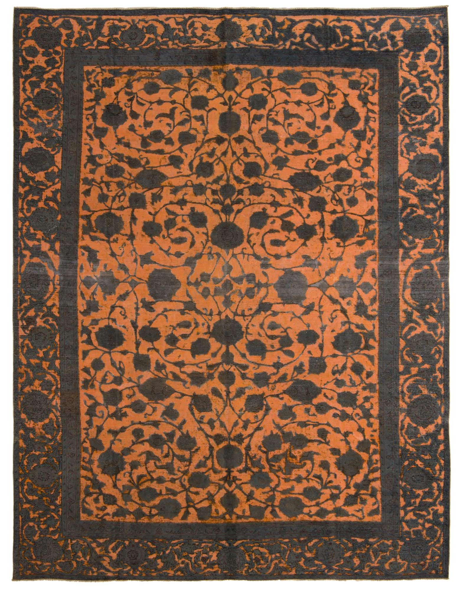 A 9x12 rectangular Ultra Vintage wool rug featuring a distressed orange field with dark gray Persian floral patterns and a matching gray border.