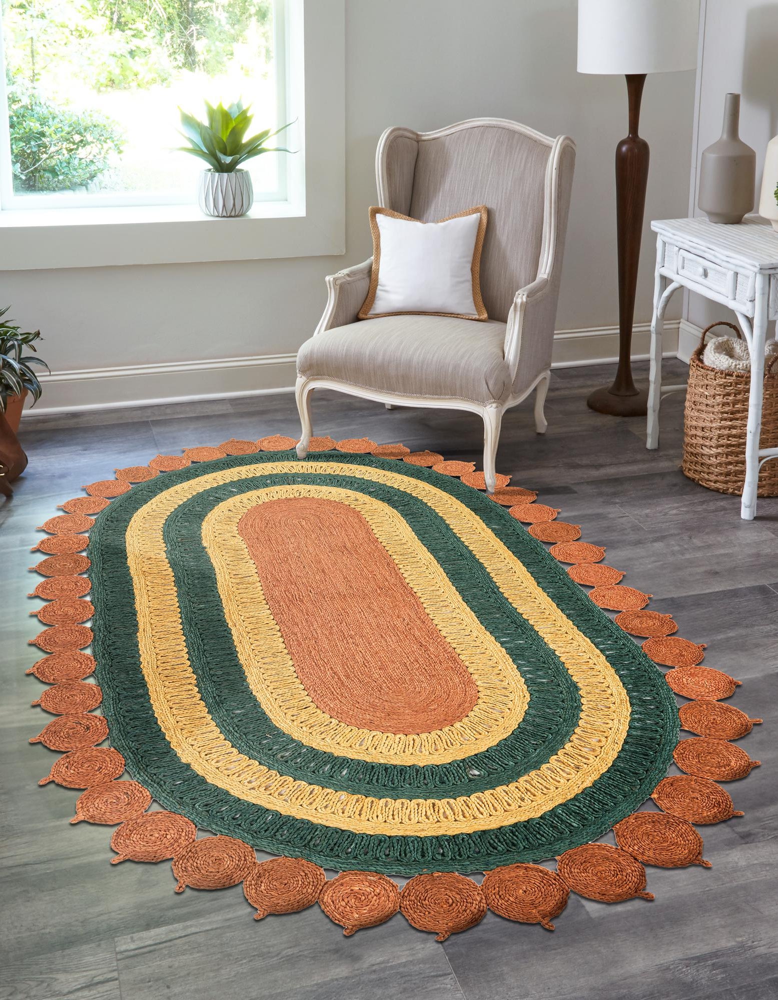 Orange Green Yellow 2' x 3' 1 Hand Braided Jute Oval Rug | Rugs.com