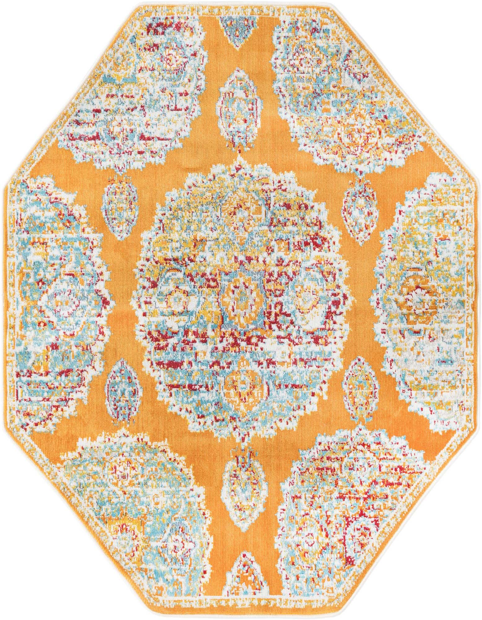 An orange octagon rug with a distressed Bohemian floral pattern in light blue, red, and yellow, suitable for an indoor living space.