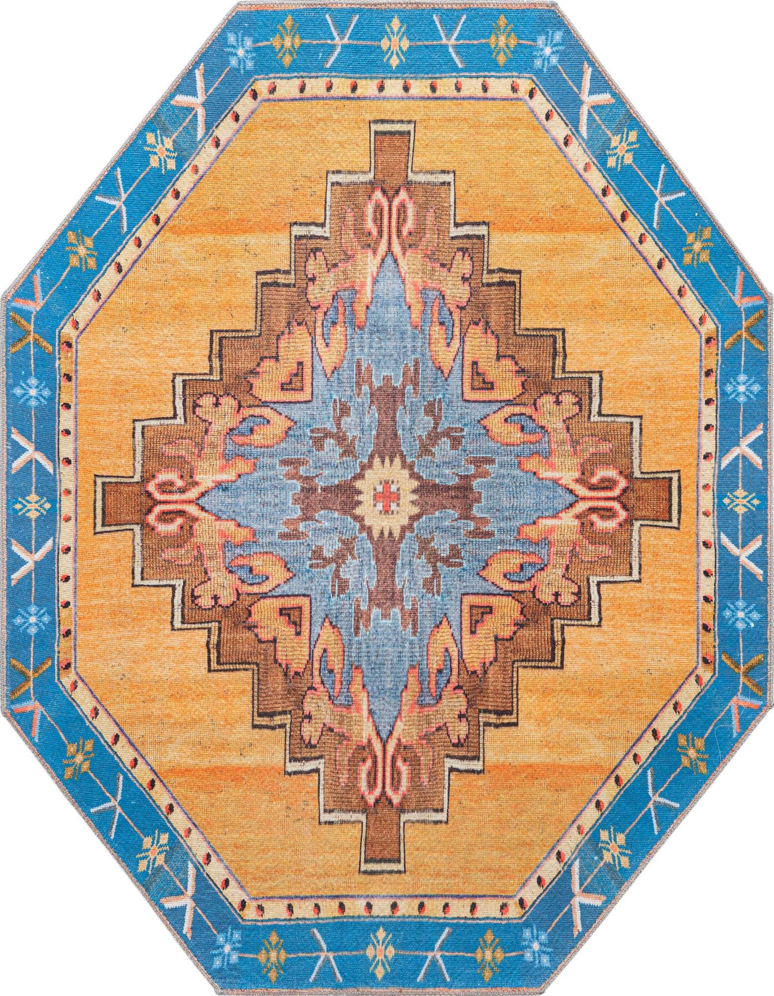 A 5' 0 x 5' 0 octagon orange vintage rug with a blue border and central medallion pattern.