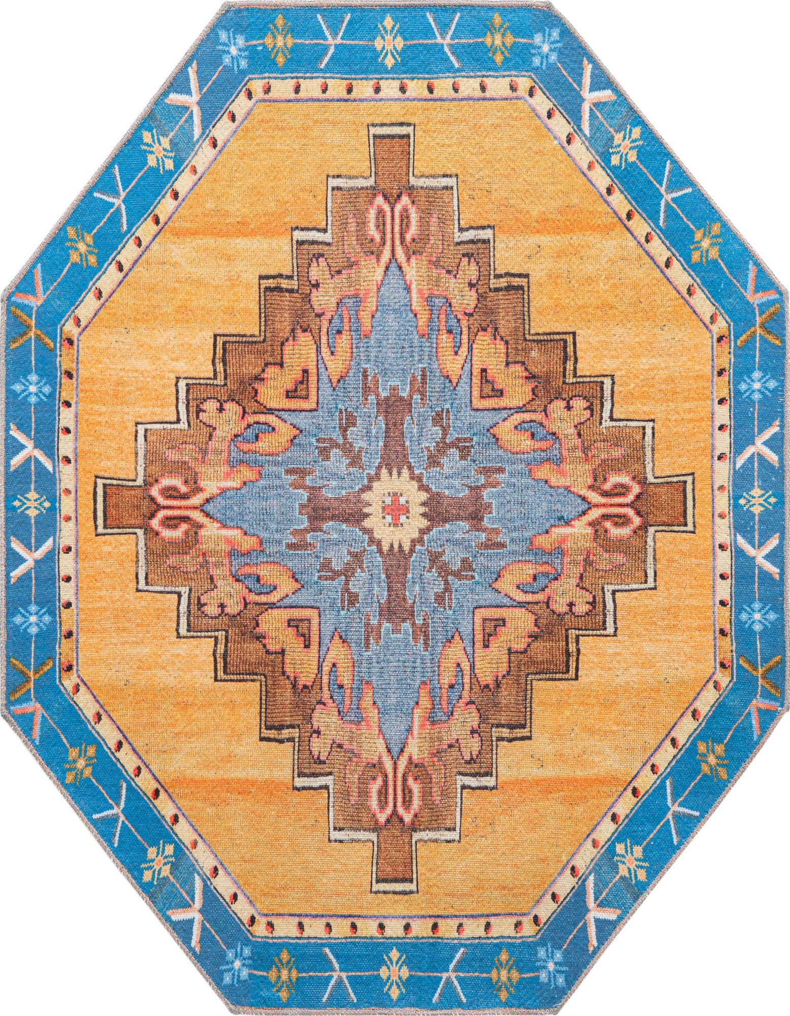 An octagon-shaped orange and blue vintage Oriental rug with a central medallion pattern and a decorative border.