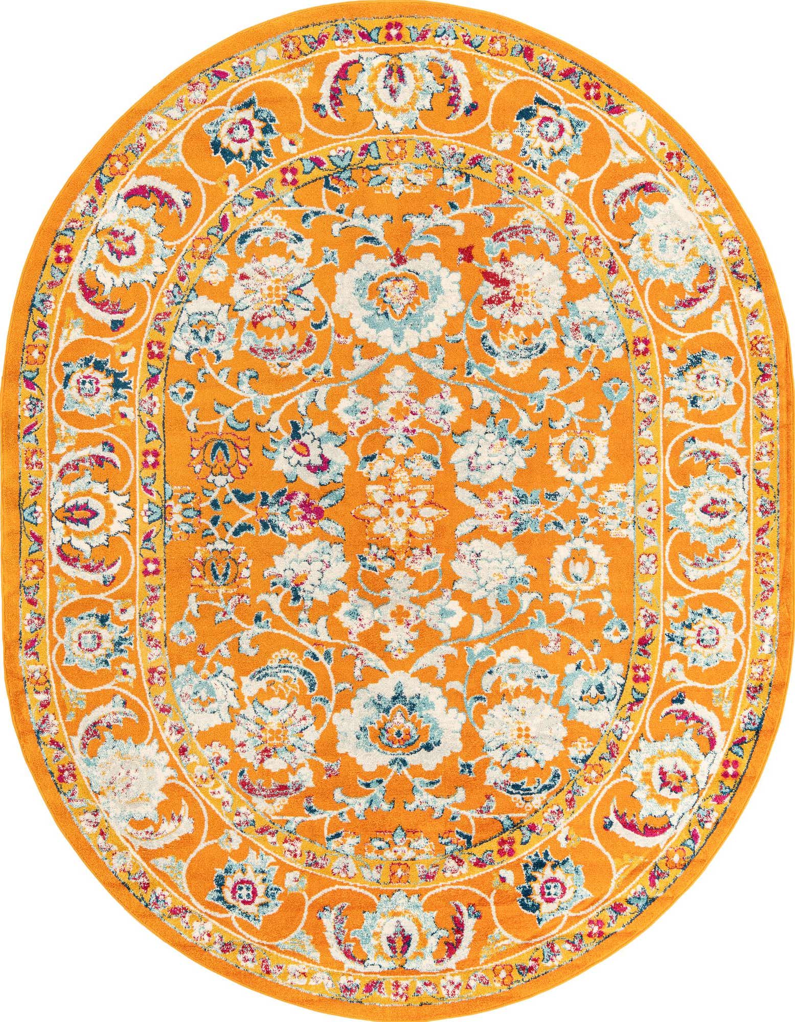 An oval 7' 10 x 10' 0 orange rug with a traditional botanical floral pattern in light blue, white, and pink.