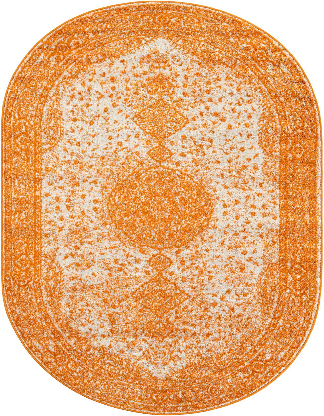 An oval 5'3 x 8'0 orange and white polypropylene rug with a distressed traditional pattern, suitable for indoor use.
